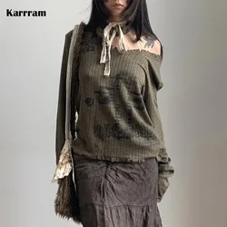 Karrram Grunge Distressed Knitted Tops Vintage Broken Ribbed Tops Wasteland Punk V-neck T-shirts Japanese Y2k Knitwear Harajuku