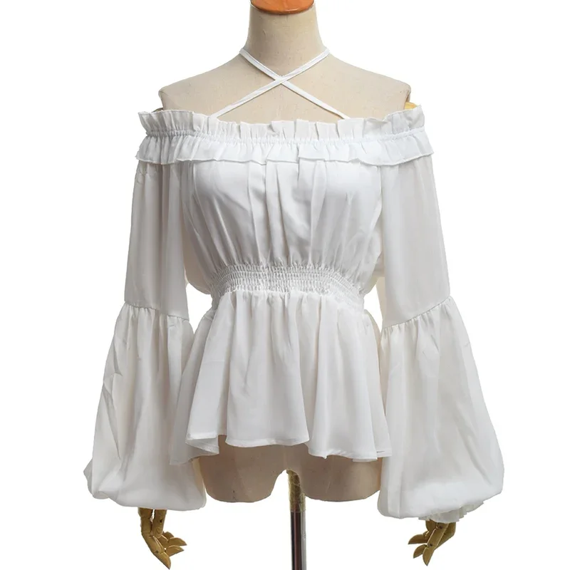 Sex women Lolita blouse high waist long sleeve halter neck shoulder off flounce chiffon shirt