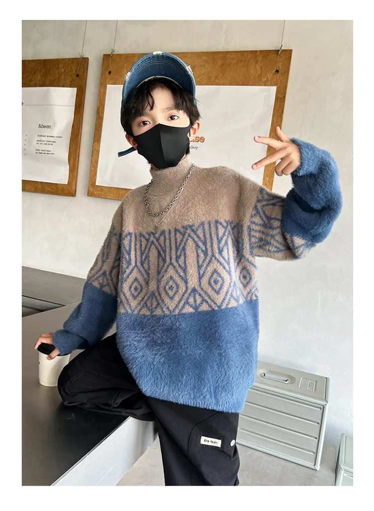 Frühlingsmode Jungen Nerzpullover für 5-14-Jährige Kinder Geometrische Strickwaren Eleganter Halbrollkragen Gestrickte Kleidung – Detail 7