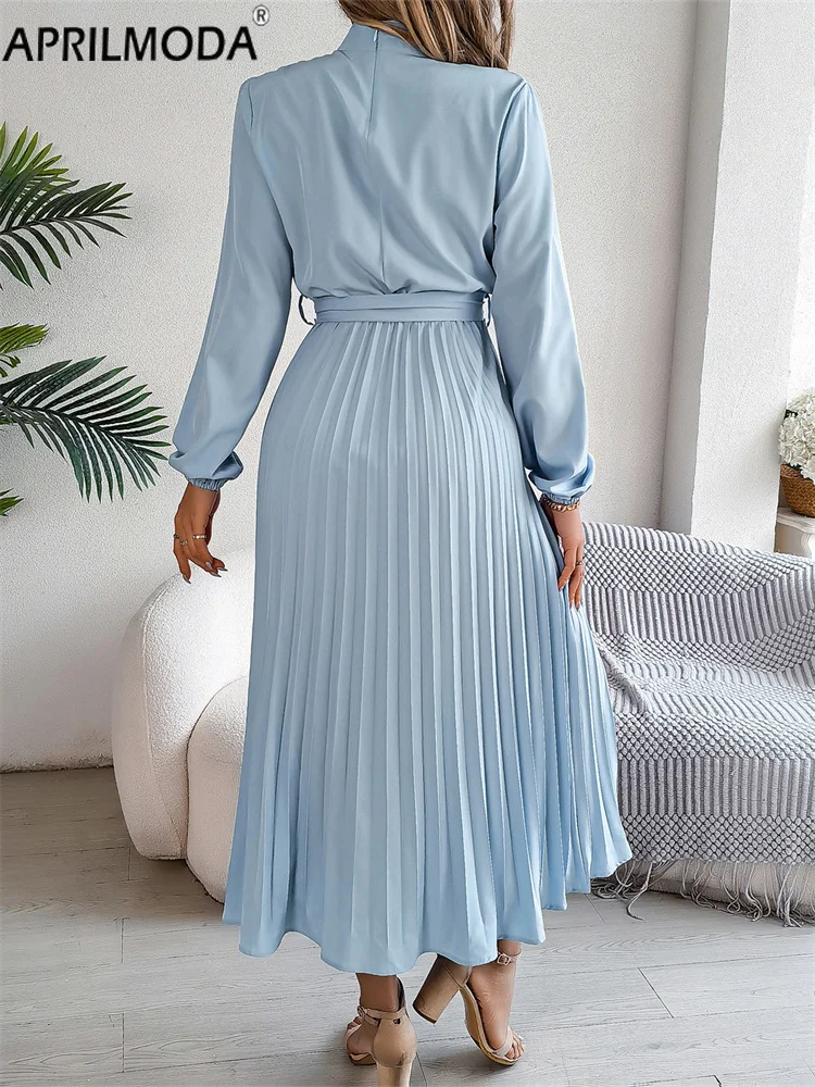 2024 Elegant Long Sleeve Autumn Women Pleated Casual Solid Midi Dress with Belt Blue Pink Red Black Runway Formal Dresses