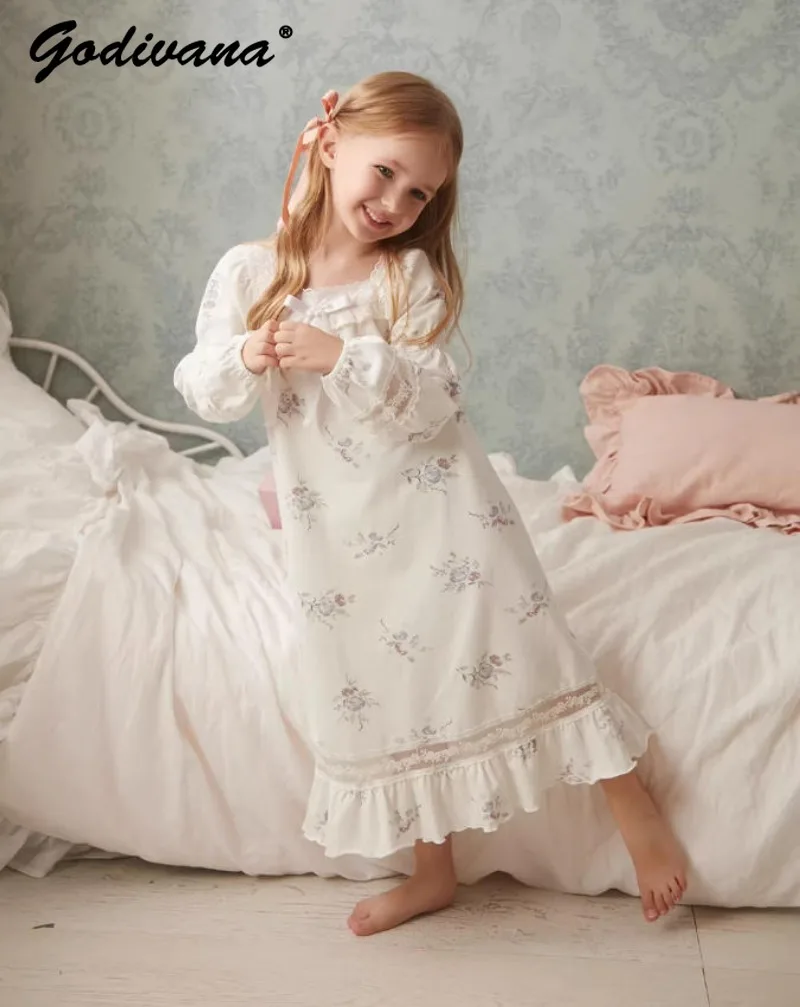 Little Girls French Style Princess Nightgown Kids Spring and Autumn Pure Cotton Long-sleeve Floral Embroidery Loose Sleepwear