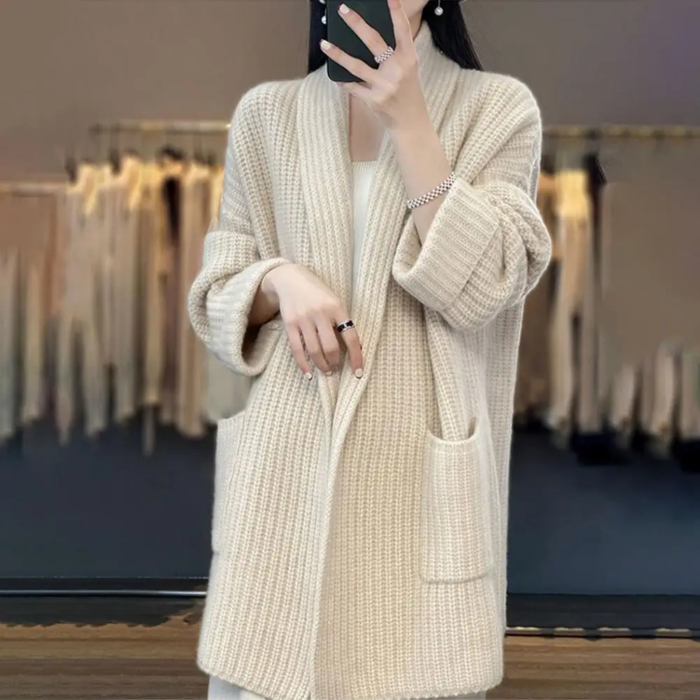 2023 autumn winter new Korean version of goat Mid Cardigan sweater simple Open Stitch sweater loose languid lazy knit sweater