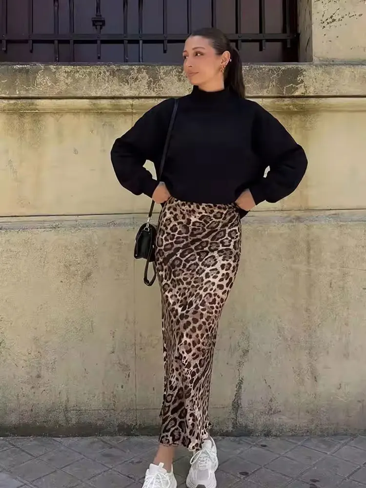 HH Women Summer 2026 Casual Loose Leopard Print Skirt Elegant Vintage Satin A-Line Flowy Long Skirt Party Beach Chic Skirts