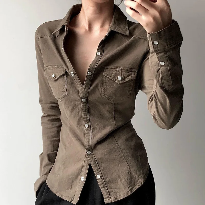 

American street cargo denim lapel shirt women's pleated breasted waist slimmer pocket split long sleeve top trend