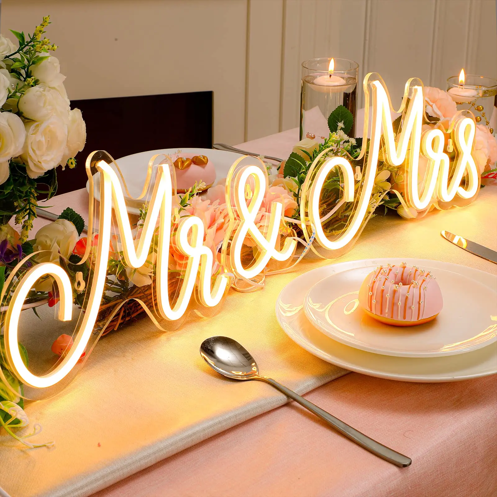 Mr and Mrs Neon Sign for Wedding Neon Light LED Backdrop Wall Decor USB Reception Decoration Gift Anniversary Engagement Banquet