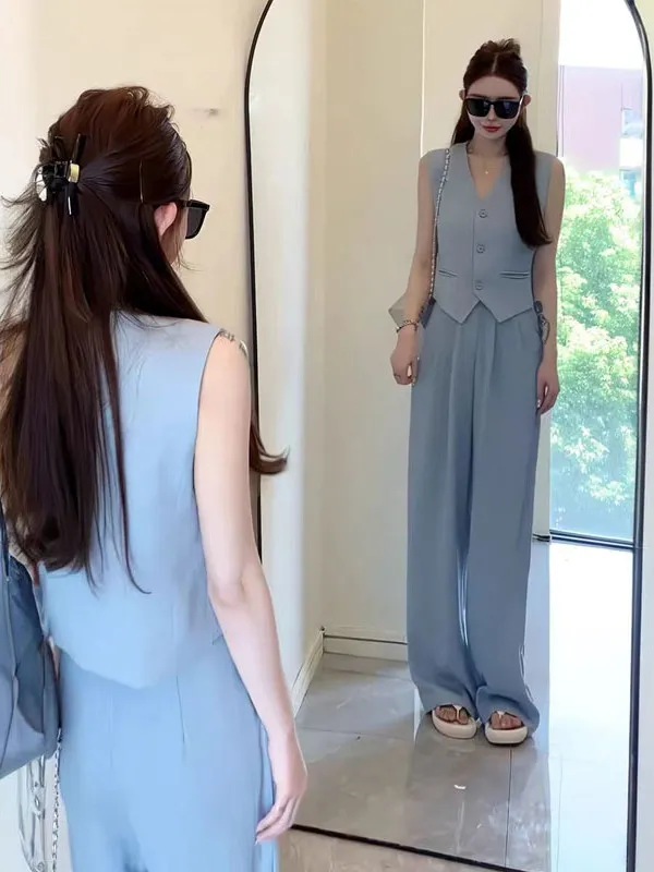 

Синий костюм с высокой талией, женский комплект из двух предметов с жилетом и широкими брюками, модный летний наряд на пуговицах V Ne