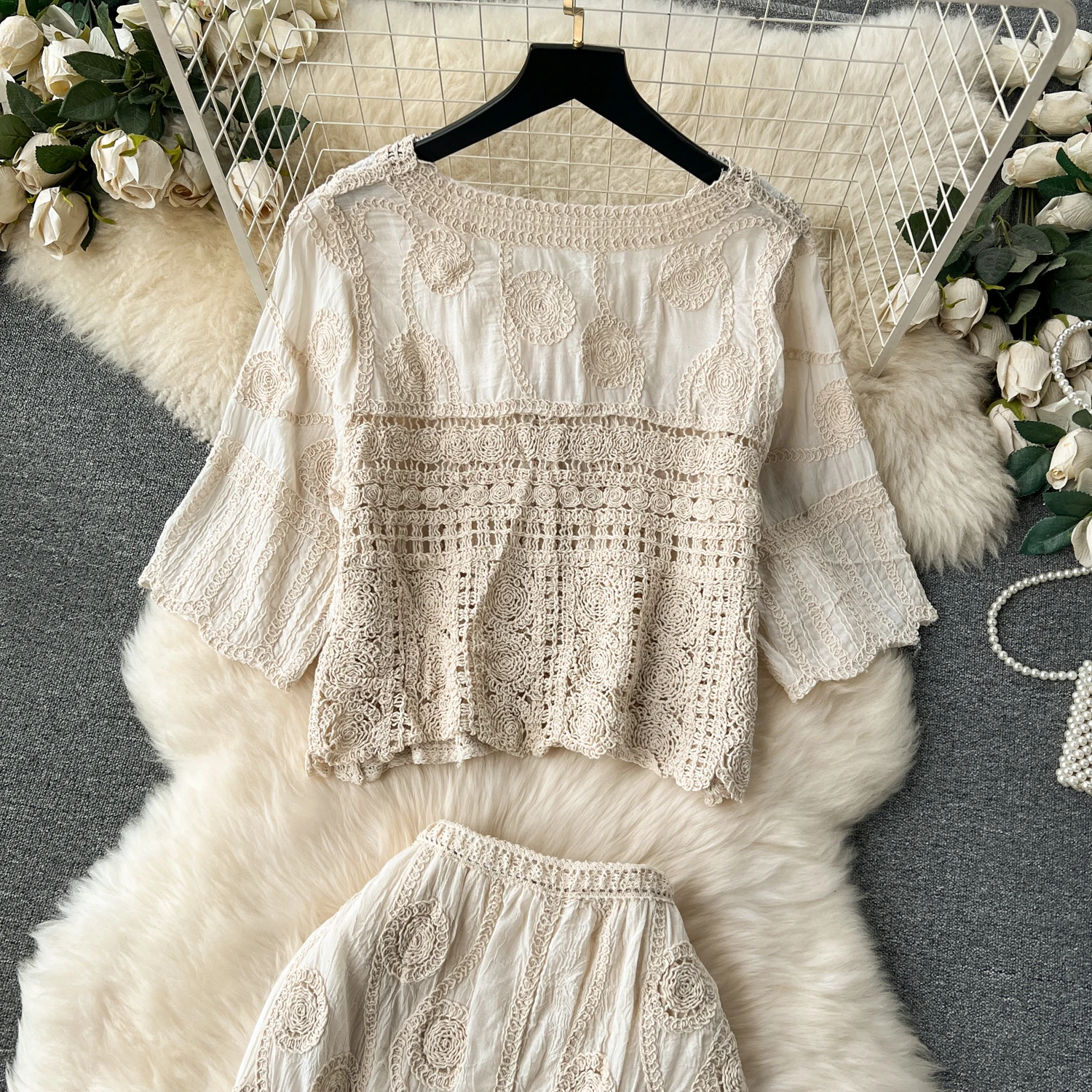 Women Vintage Sexy Hollow Out Knitted Skirts Suits Short Cardigan Tops A-Line Skirt Two Piece Sets Autumn Boho Beach Clothing