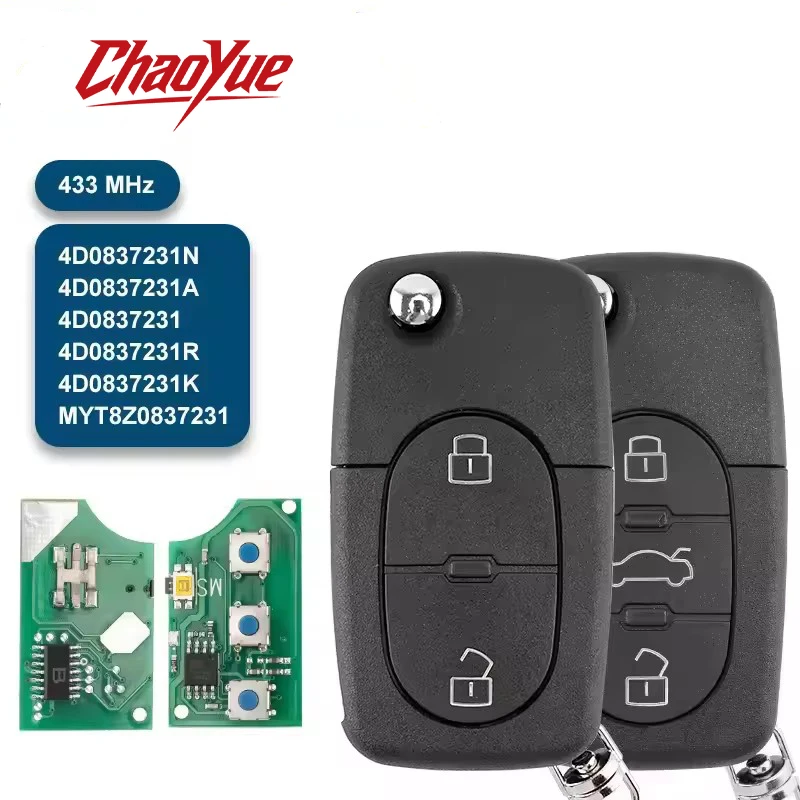 

ChaoYue MYT8Z0837231 4D0837231A/N/K/R Remote Car Key For Audi A3 A4 A6 A8TT RS4 Quattro Old Models 433Mhz ID48 Glass Chip Key