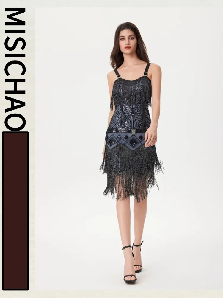 MISICHAO 1920s Jazz Age Style Black Spaghetti Strap Sequin Fringe Cocktail Knee i Length Dress