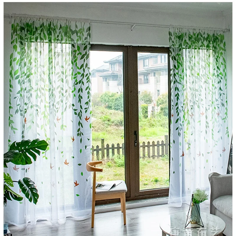 100*200cm Printed Willow Leaf Tulle Window Screens Sheer Voile Door Curtains Drape Panel Scarf Assorted European Style Curtains