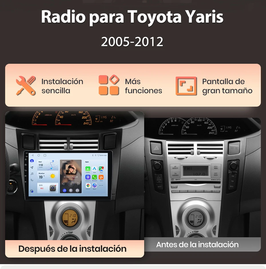 Junsun Radio Voz AI für Toyota Yaris 2005 2006-2012 Kabelloses CarPlay Android Auto Autoradio 2DIN mit Bluetooth DAB+ GPS RDS – Detail 2
