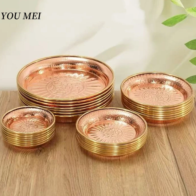 

7pcs Buddhist Item Altars Red Copper Tray,Buddhism Tribute Engraving Sanger Flower Holy Plate,Nepal Tibetan Handicraft Holy Bowl