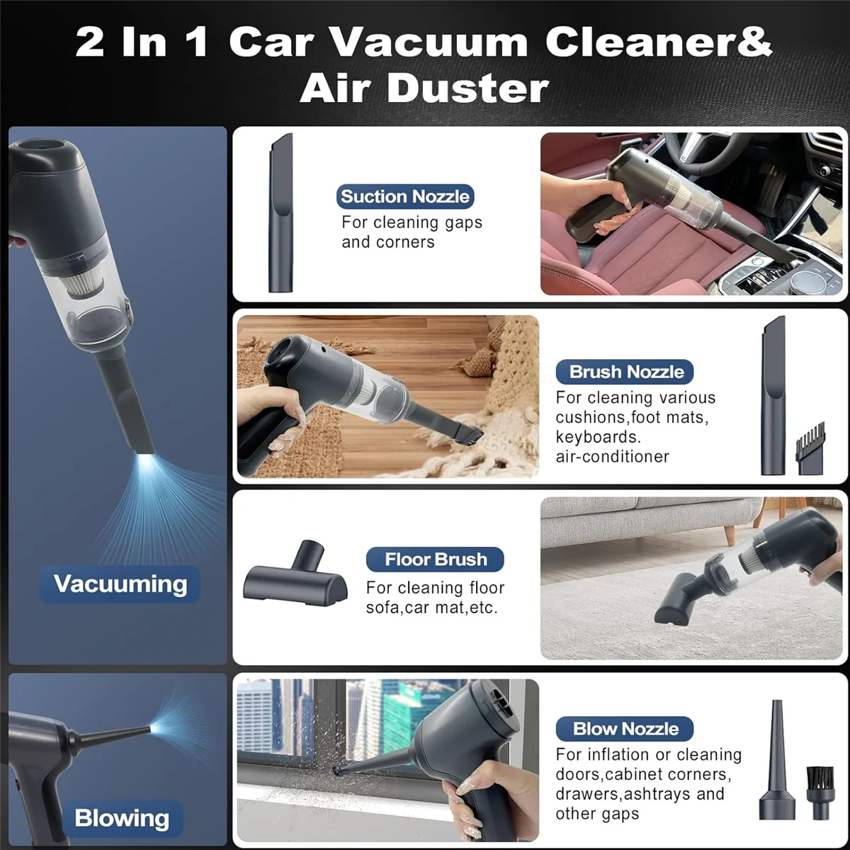 Handheld Vacuum Cordless, Car Vacuum Cleaner Portable Rechargeable 3 in 1 Dust Buster & Air Blower & Pump, 5.5KPa Hand