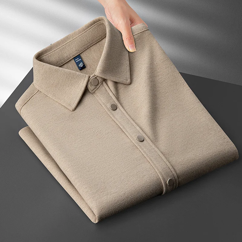 Autumn and Winter Thickened Woolen Shirt for Men, Long-Sleeved, Fashionable, Slim-Fit, High-End, Light Business, Brushed Casual Turn-Down Collar Shirt