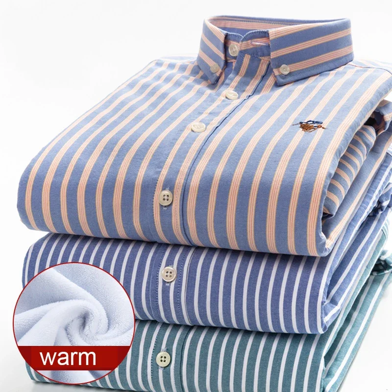 

New in shirt 100%cotton Warm plus size 8XL Long Sleeve shirts for men Winter Plush thicken striped tops soft office polo clothes