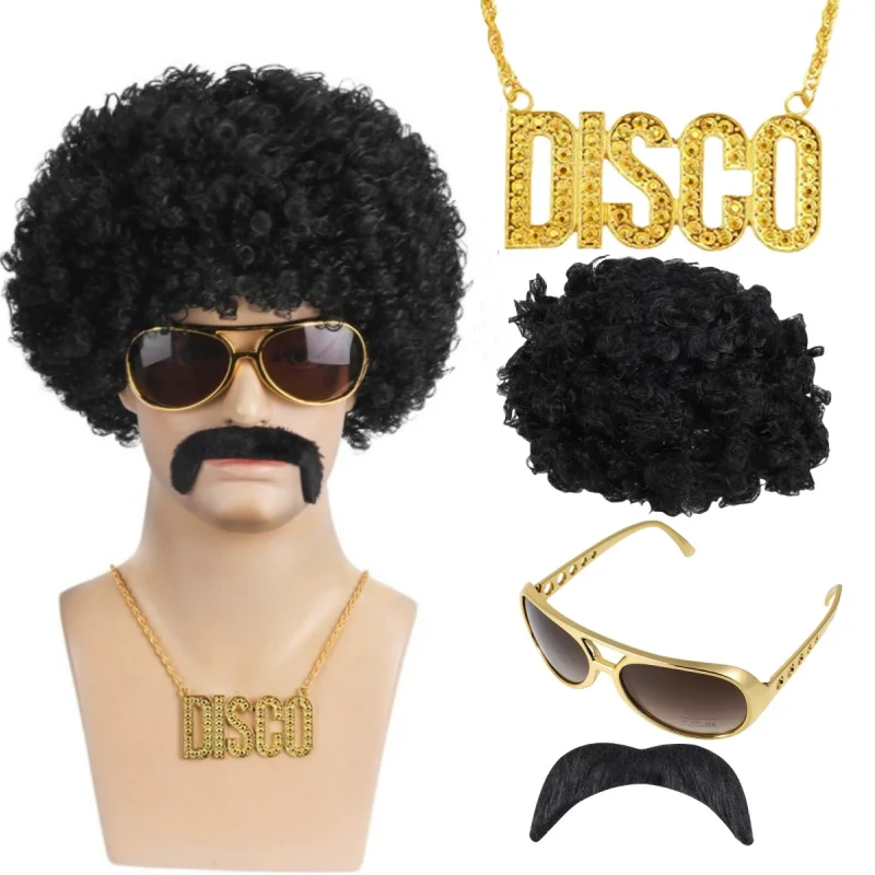 African Mens Synthetic Wig 4 PCS Set Wig+Glasses+DISCO Necklace+Beard Retro Disco Costume Wig Fluffy Short Curly Hair Head Cover