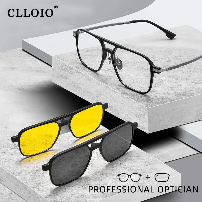 CLLOIO Men Square TR90 Magnetic Clip On Sunglasses Polarized Day Night Vision Driving Glasses Customized Optical Lens UV400 9018