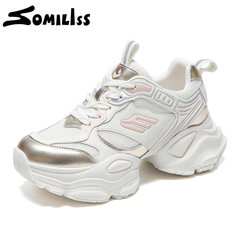 

SOMILISS Chunky Shoes for Women Microfiber Leather Mesh Spring Summer Fashion Non Slip Casual Platform Sneakers