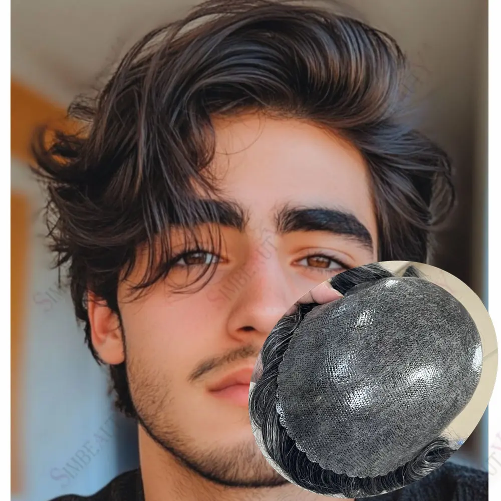 نظام شعر الجلد غير قابل للاكتشاف بني داكن ورمادي بدون عقد للرجال 0.1 مللي متر ميكروسكين للرجال شعر مستعار وحدة صناعية للشعر البشري للرجال #1