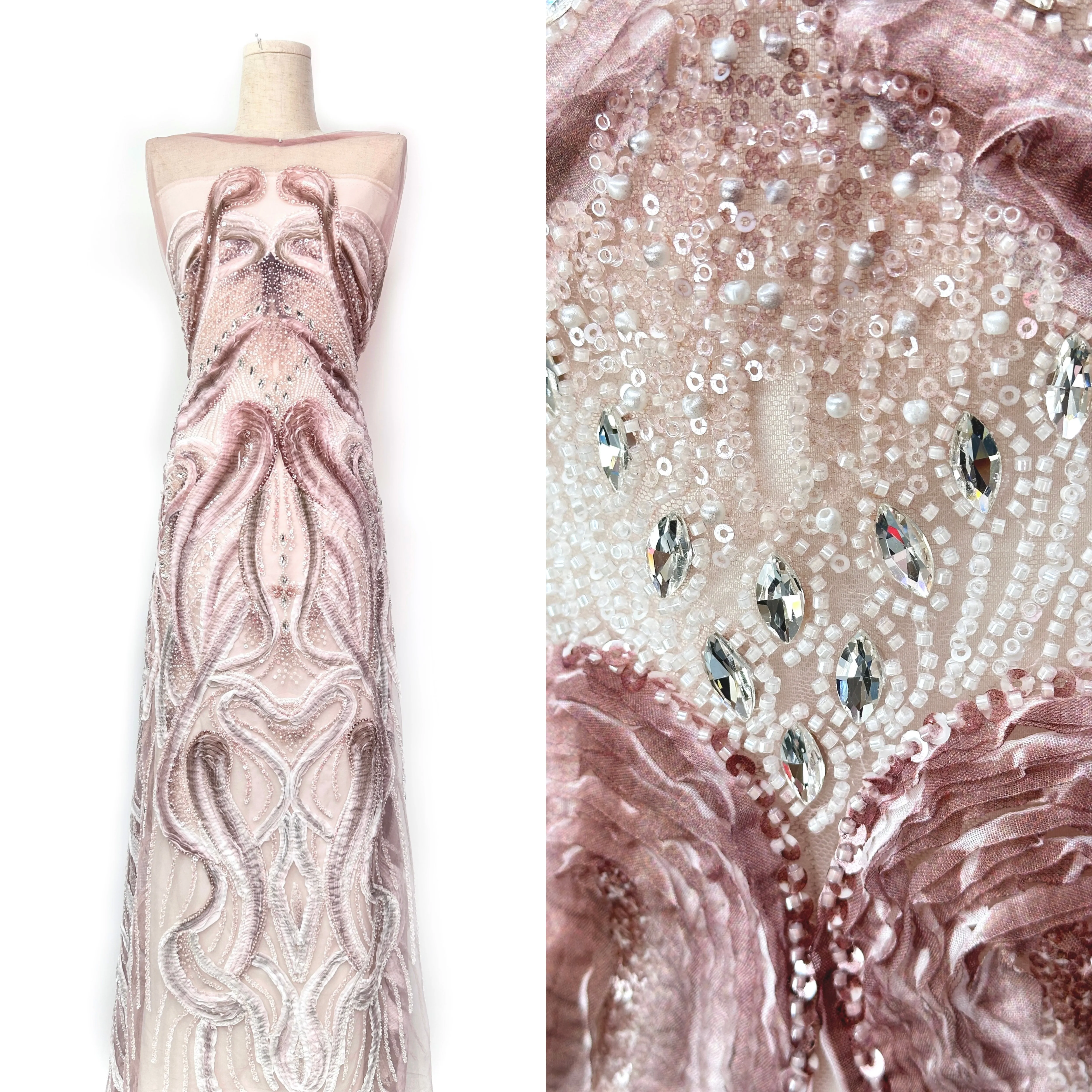 

Elegant 2026 New Best Selling French Tulle Lace Sequins Beaded Lace Fabric Heavy Mesh Lace Heavy Handmade Beaded Rhinestone Mesh