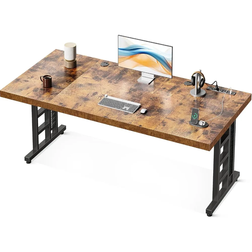 

71 Inch Large Executive Computer Desk with Power Outlet, Thickened Wooden Office Desk, Modern Workstation Table, Long Writin