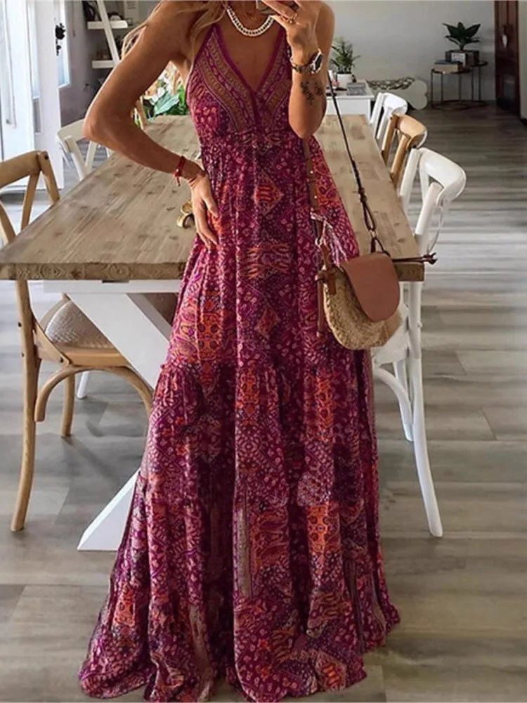 

2025 Summer Dress Bohemia Vestidos Spaghetti Strap Florals Vestido Femininos Casual Holiday Beachwear Beach V-neck Dresses Woman