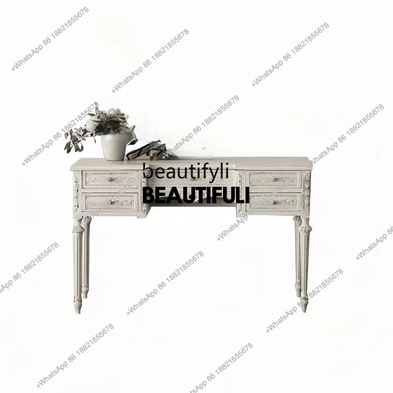 

French Retro Distressed Solid Wood Desk European Style Wood Carving Dressing Table Dresser Side Table