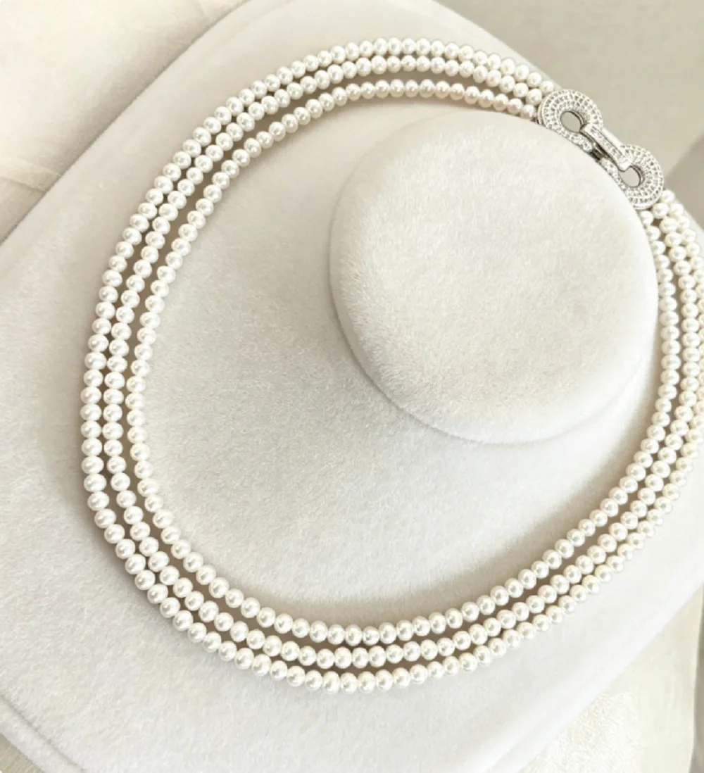 3-Row/Gorgeous AAAA 5-6mm Natural Japanese White Pearl Necklace 16-17-18in/925- Supports Customized Sizes