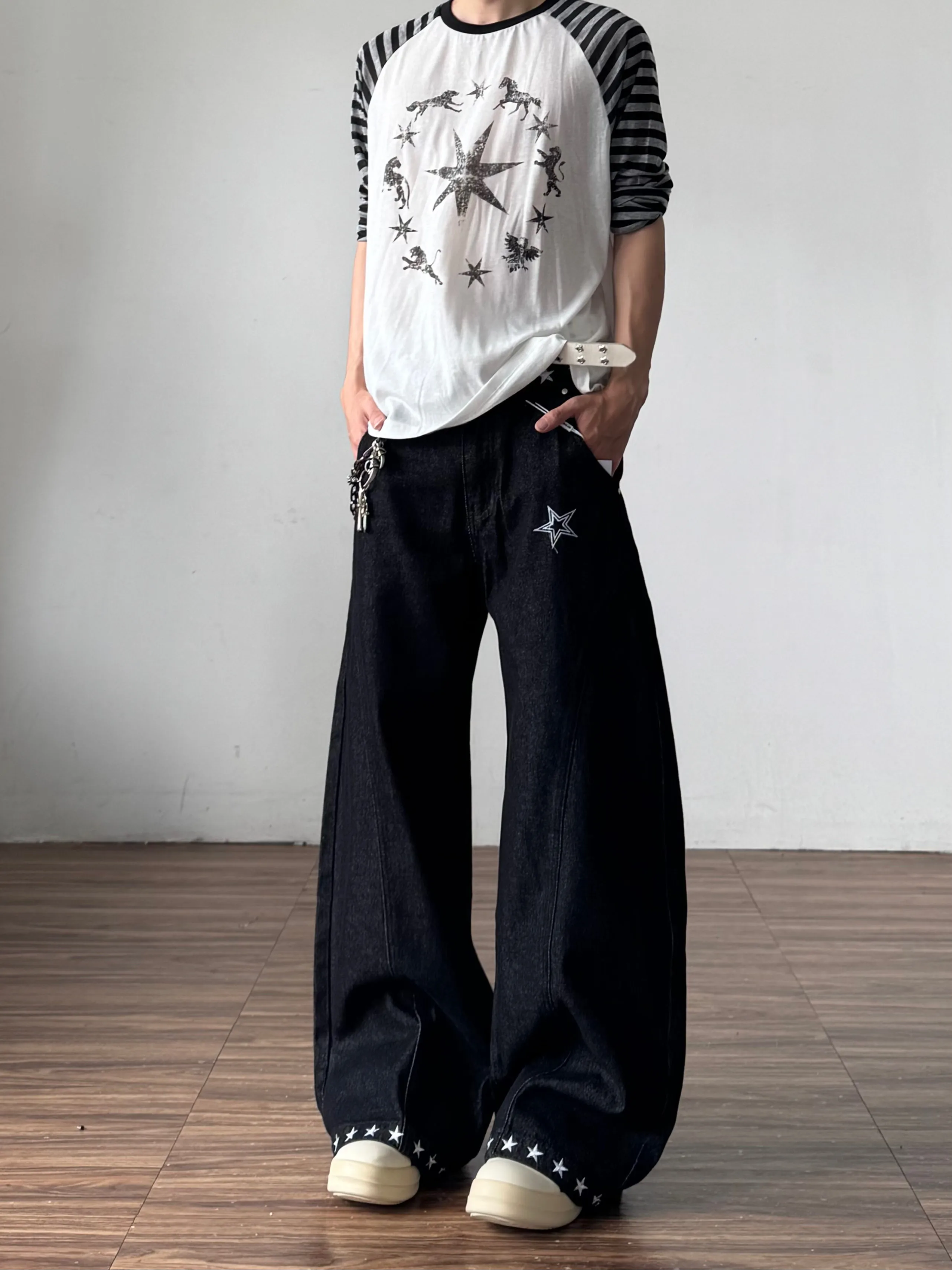 Retro American Street Leopard Print Double Waist Star Embroidery Original Jeans Loose Micro Flare Long Trousers for Men