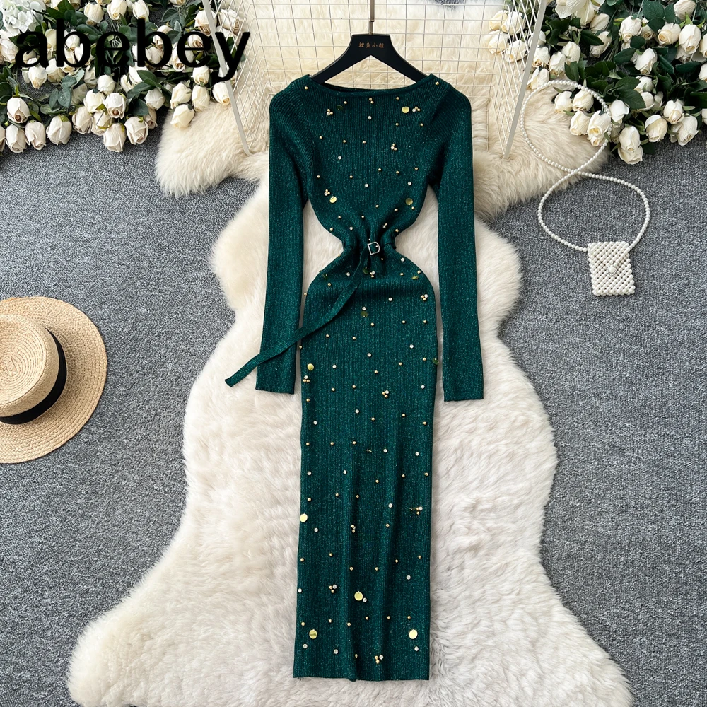 Hochwertige Neueste 2026 neue Designer-Mode für Damen mit Strass-Diamanten und Perlen, langes Maxikleid, Pullover-Kleid, Strick-Outfits