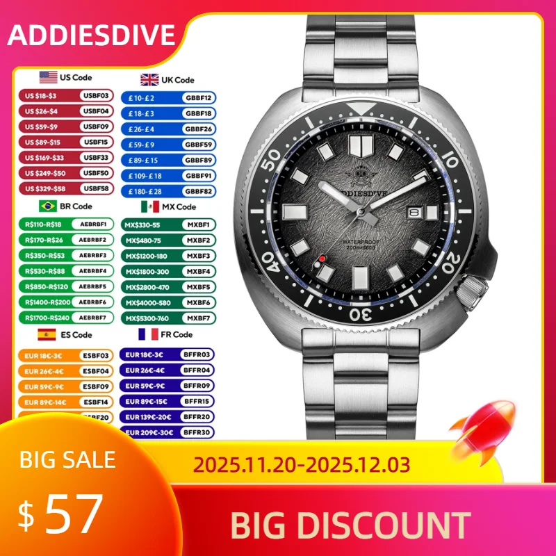 ADDIESDIVE 新しいメンズ腕時計ステンレス鋼クォーツ時計超発光 20Bar 防水サファイアガラス男性レロジオ Masculino