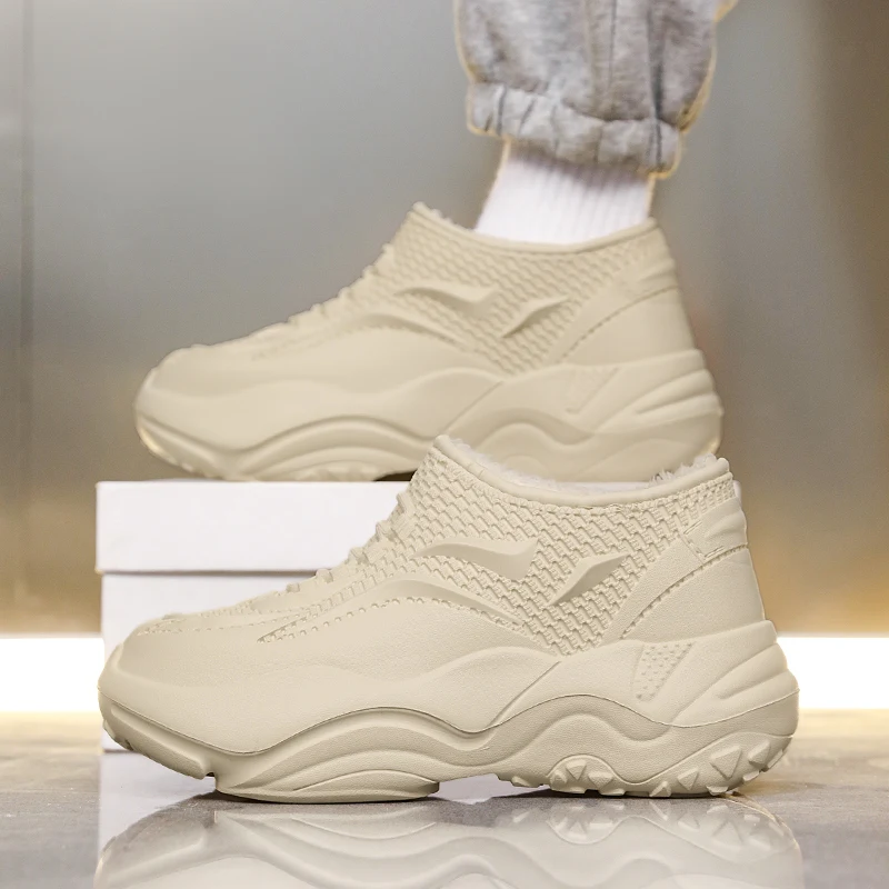 أحذية رجالية شتوية قطيفة تحافظ على الدفء أحذية مقاومة للماء إيفا نعل سميك خفيف بمقدمة مستديرة سهلة الارتداء عند الكاحل أحذية رياضية للمشي باللون الأسود