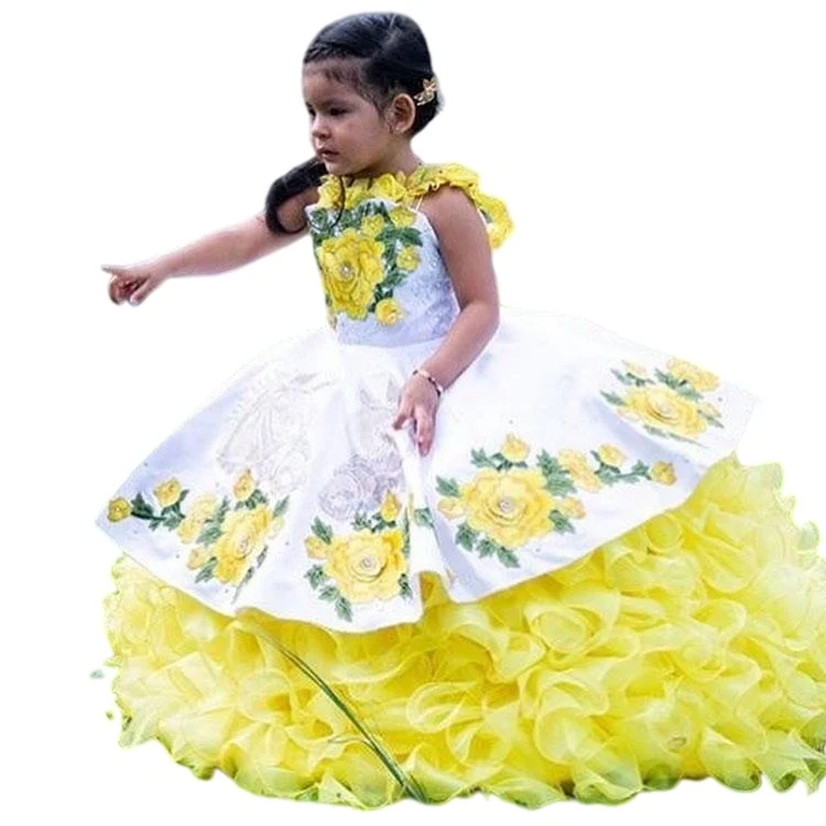 Modest Mexican daffodial Mini Pageant Quinceanera Dresses for Little Girls Halter 3D Floral Flowers Lace Flower Girl dress