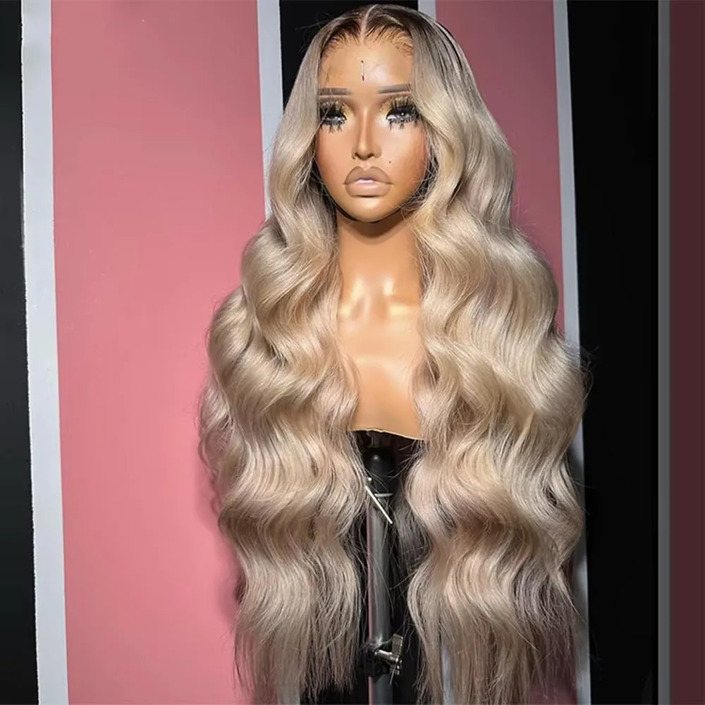13x4 Ombre Blonde with Root Colored Lace Front Wigs for Women Human Hair Body Wave Ombre Ash Blonde Lace Frontal Wig 200 Density image 3