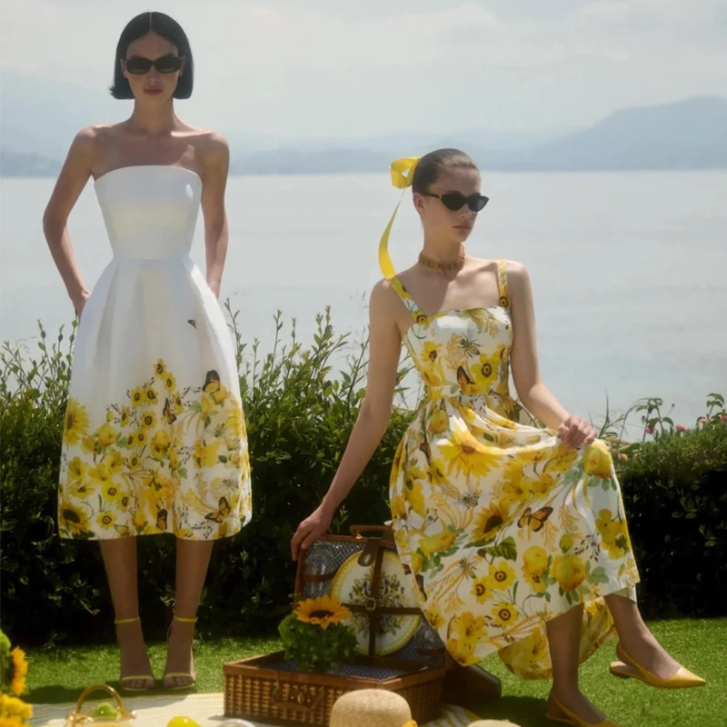 Vestido midi de verano de diseñador, sin mangas, con estampado floral, línea A, para vacaciones, con tirantes, para ir al tra...