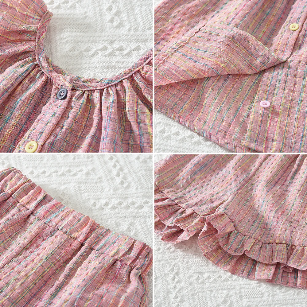 Bär Führer Koreanische Version Blumen Plaid Print Fly Sleeve Shirt Tops + Shorts 2Pcs Casual Kinder Kleidung1-5 jahre Sommer Mädchen Anzug – Detail 10