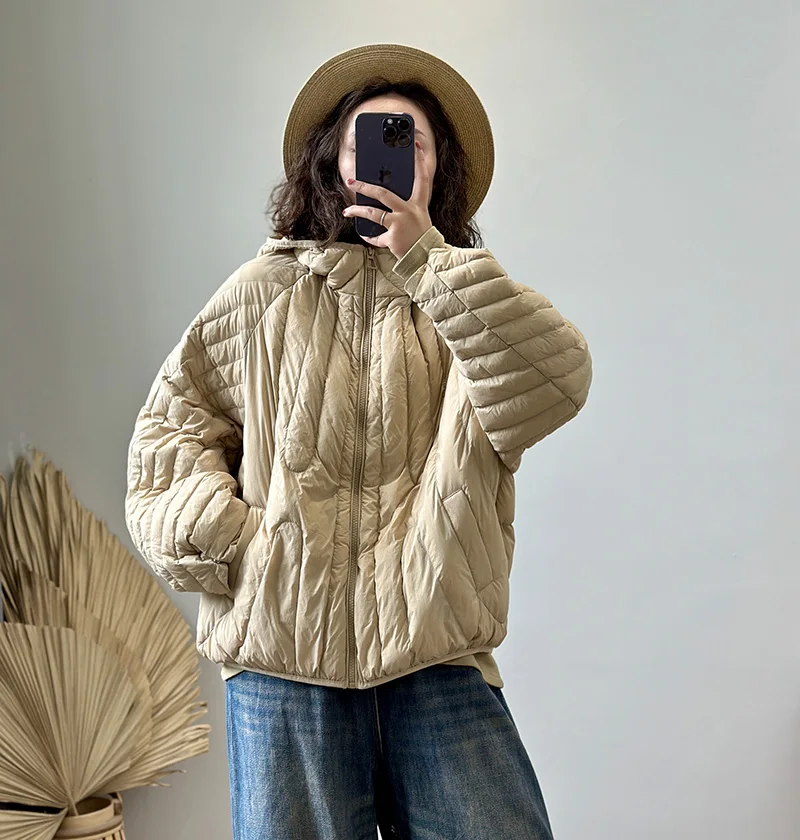 Schinteon Women Ultralight 90% White Duck Down Jacket Over Size Loose Casual Autumn Winter Outwear Vintage Coat Hood 2026 New