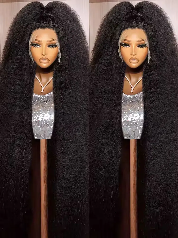 Perruque Lace Frontal Wig naturelle Yaki, cheveux crépus lisses, 13x6, Full HD, queue de cheval pre-plucked, 13x4, densité 250%