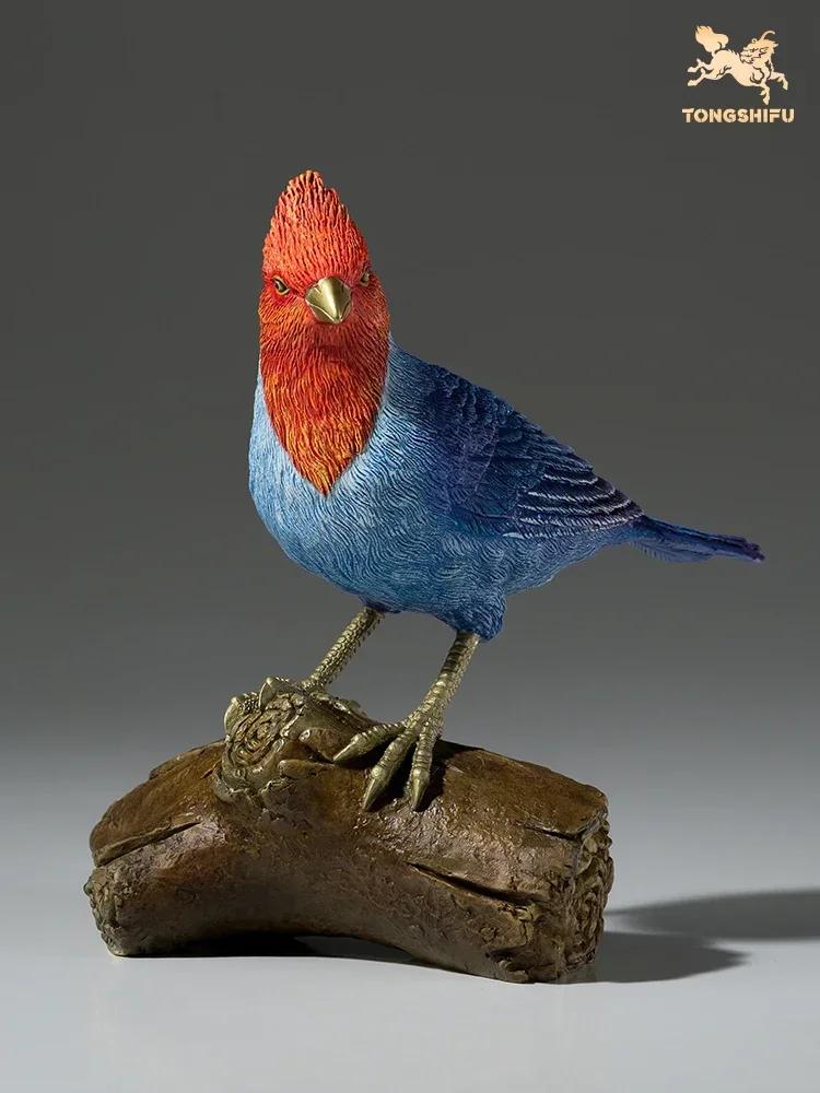 Copper Handicraft Animal Figurine Crown Red Wax Billed Sparrow Figurine Brass Animal Sculptures Birds Collection Home Decoration