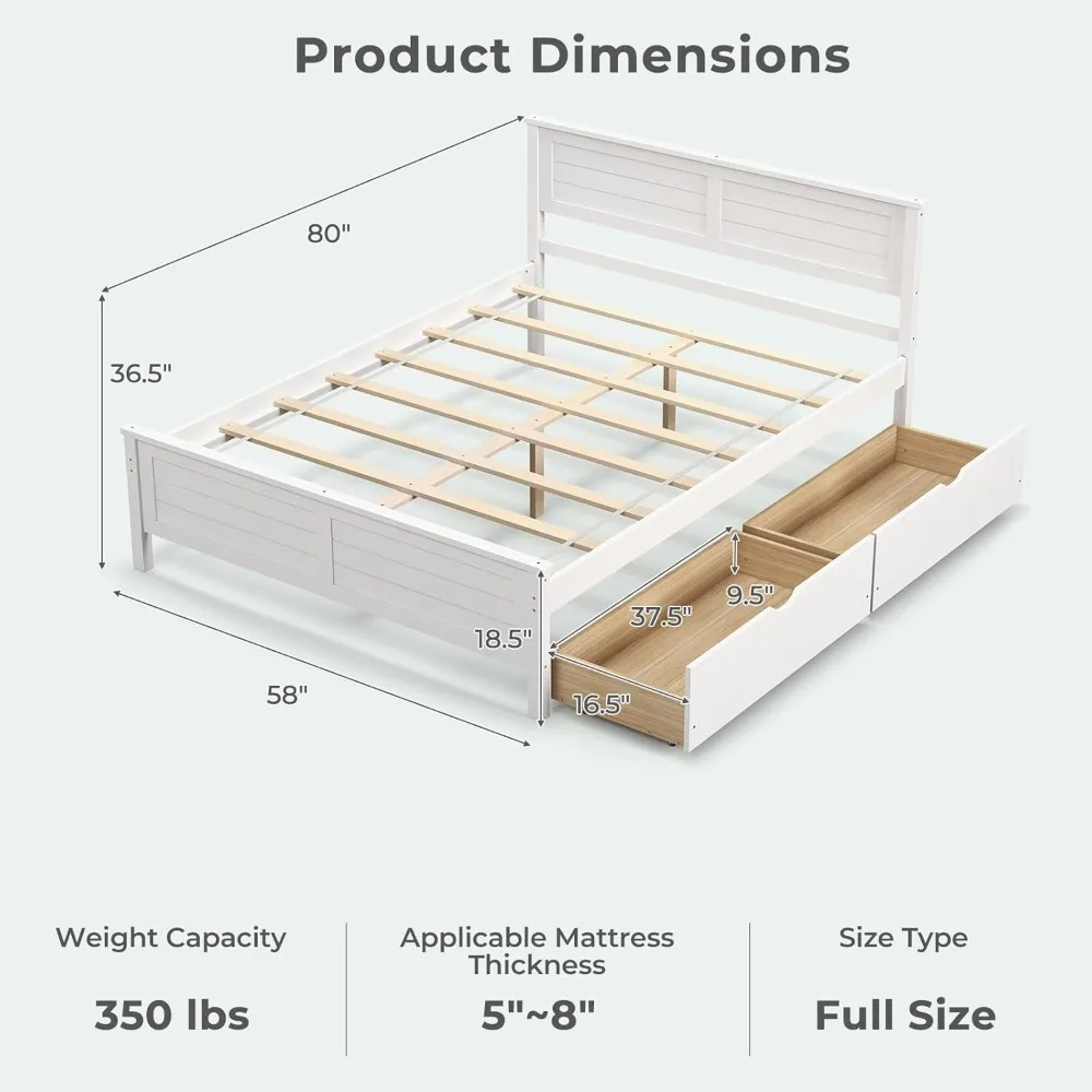 Giantex Wood Full Size Bed Frame with 2 Storage Drawers, Solid Wood Platform Bed with Headboard, Wooden Slats Mattress