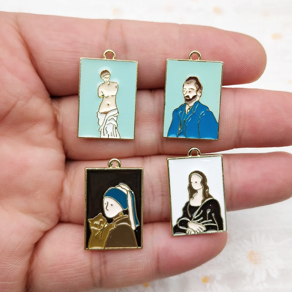 10pcs Famous Painting Charm for Jewelry Making Enamel Necklace Keychain Phone Pendant Diy Accessories Alloy Metal Gold Plated