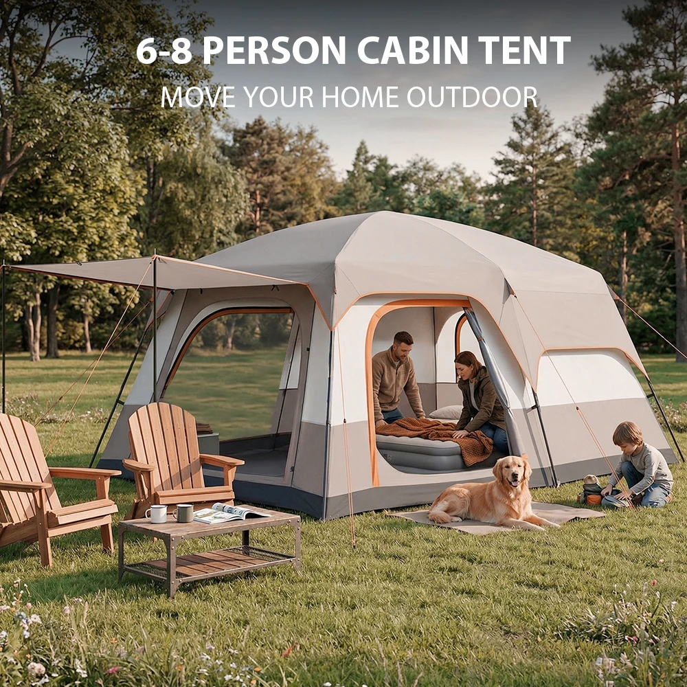 Tienda de campaña familiar grande para 6-8 personas, con tejido recubierto de PU, 3 puertas con ventilación y bolsa de transporte para senderismo y festivales.
