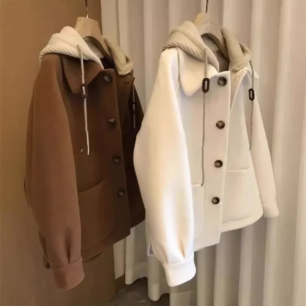 المرأة محبوك معطف الصوف خمر فضفاضة تناسب قبعة تصميم سميكة الكورية نمط الخريف الشتاء ملابس خارجية معطف غير رسمي عصري