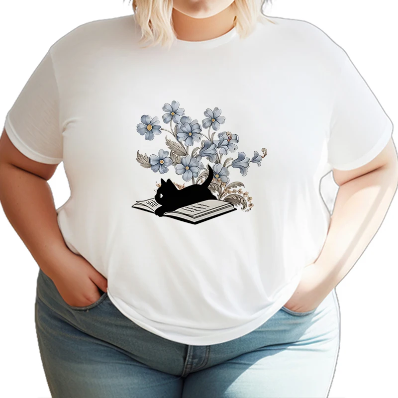 Women's Pluse Size T-shirt Black Cat Read Books Round Neck Casual Tops Flowers Print Cute Cat Top Women Book Reader Big Size T