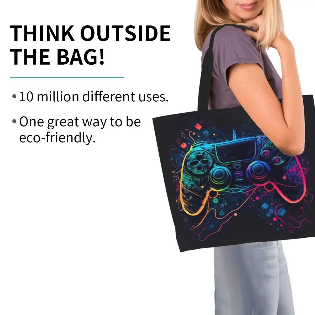 Neon Light Game Controller Gamepad Shopping Tote Bag Canvas Large Capacity Shoulder Bags Shopper Grocery Handbag for Women