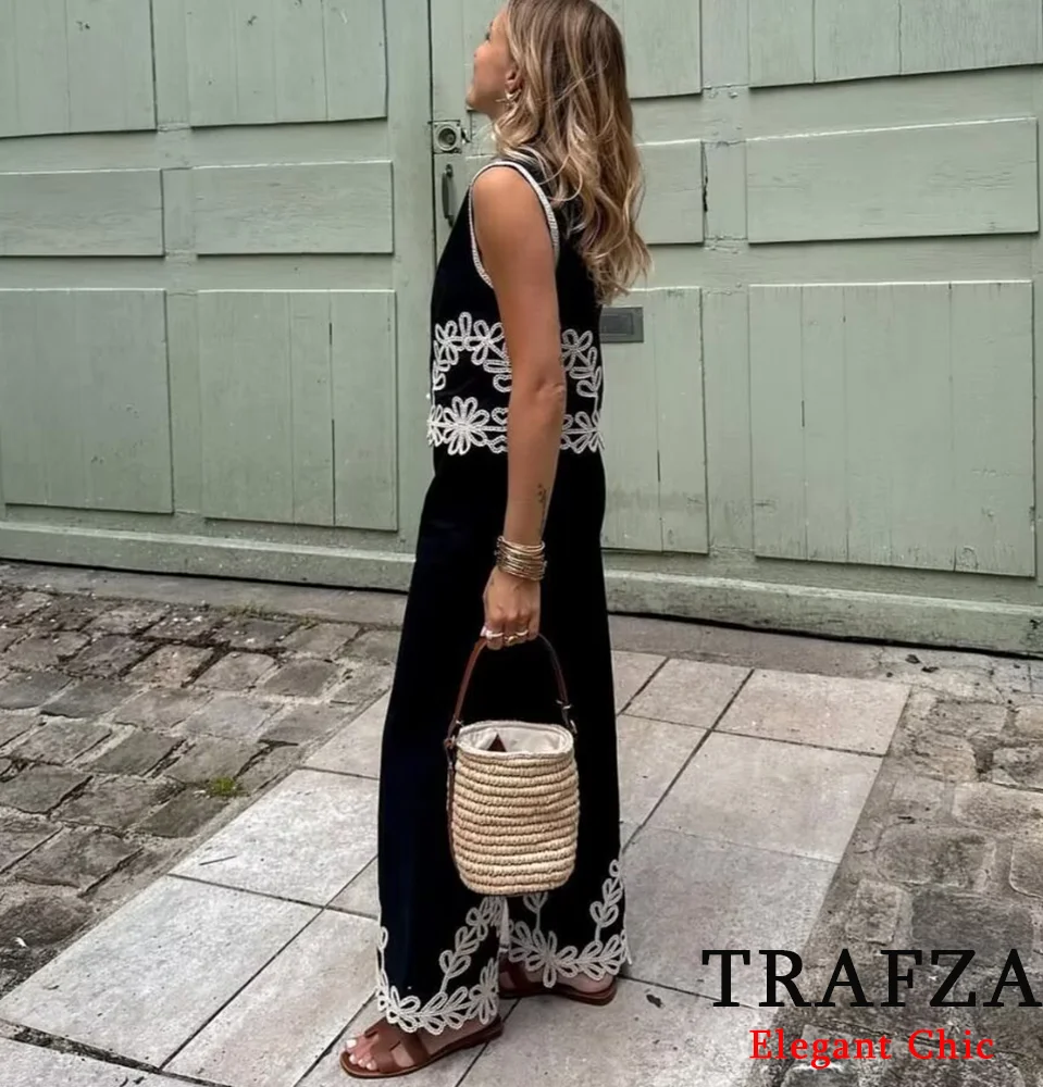 TRAFZA-طقم صدرية غير رسمية للنساء ، بدون أكمام ، فضفاضة ، بنطال بأرجل مستقيمة ، عطلة ، صيف ، جديد ،