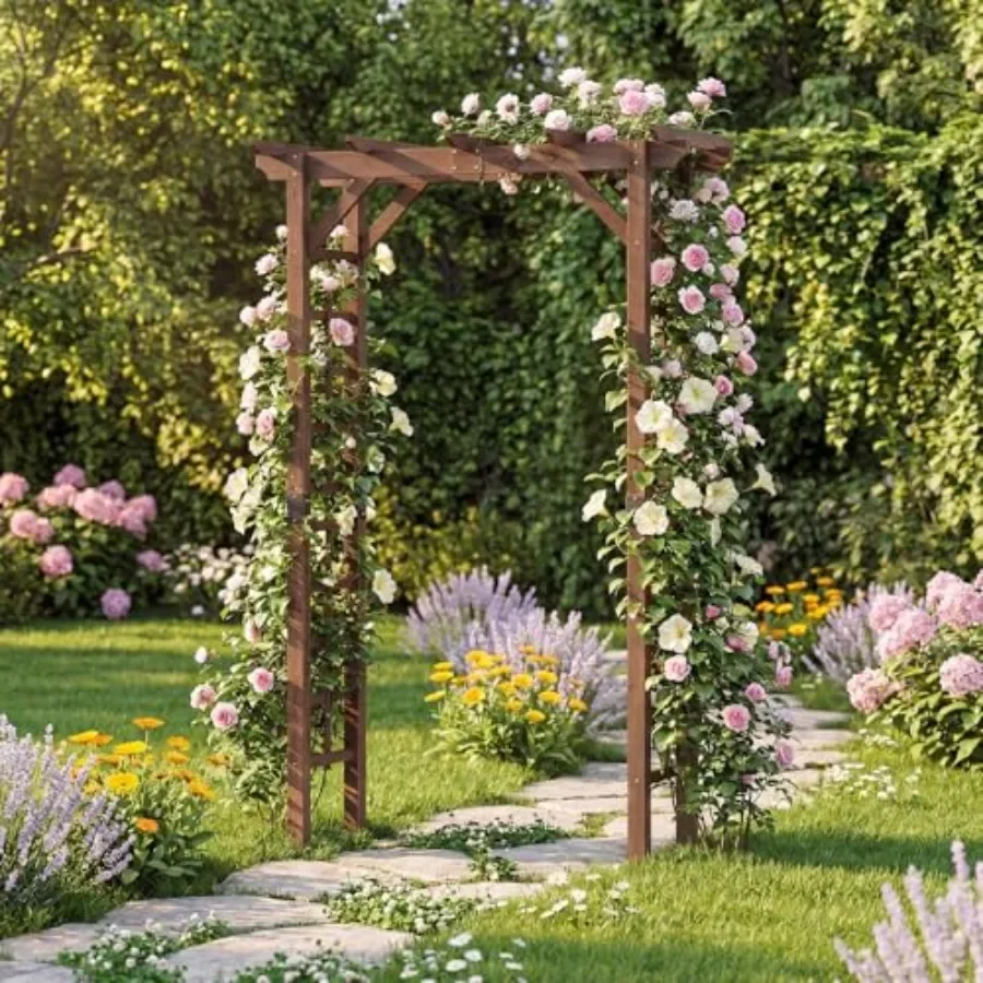 7 Feet Wooden Garden Arch for Outdoor Use, Natural Wood Color with Hanging Roof Design for Climbing Plants Support