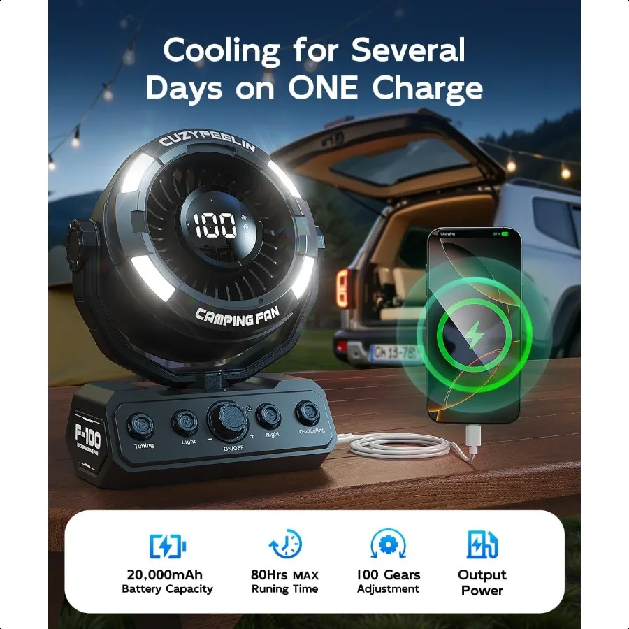 مروحة محمولة قابلة لإعادة الشحن ومروحة تخييم متعددة الاستخدامات مع خطاف إضاءة LED ماكس 80 ساعة وقت التبريد يعمل بالبطارية 100 سرعات 180 أوسيل