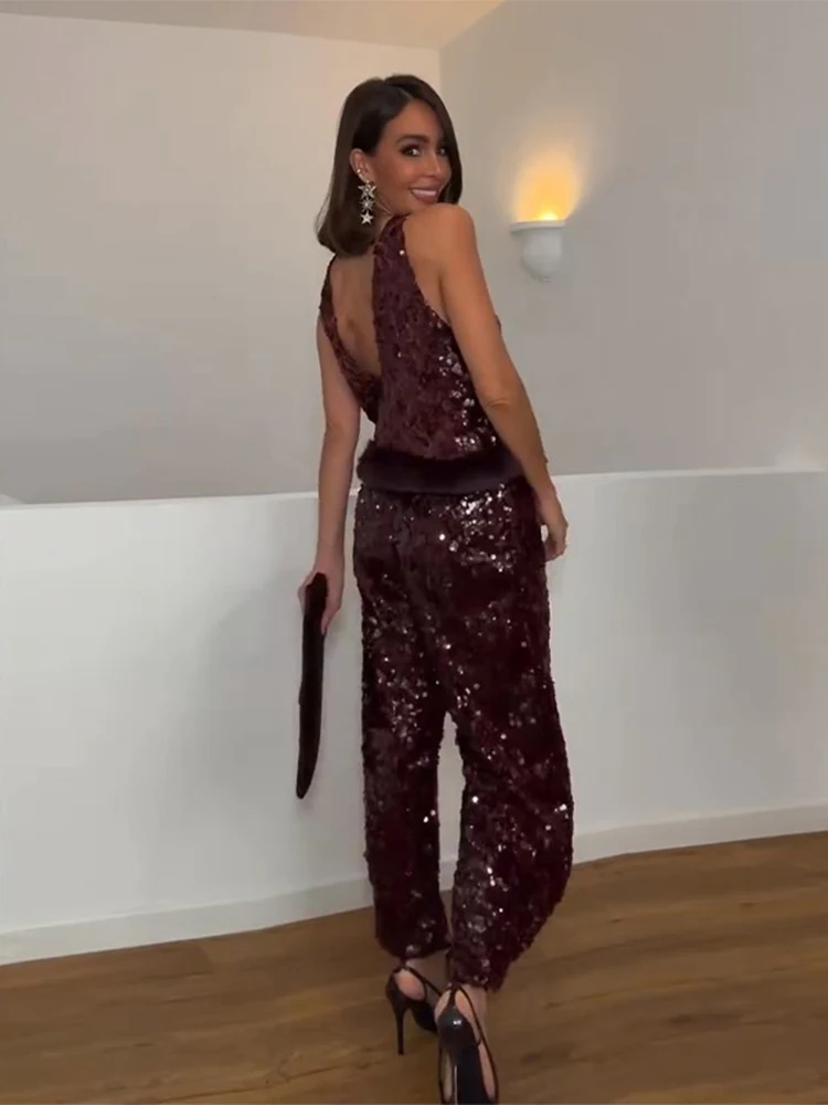 Women Sequin Pant Sets Faux Fur Patchwork O-neck Sleeveless Backless Vest Wide Leg Pant Suit 2026 Lady New Commute Street Outfit