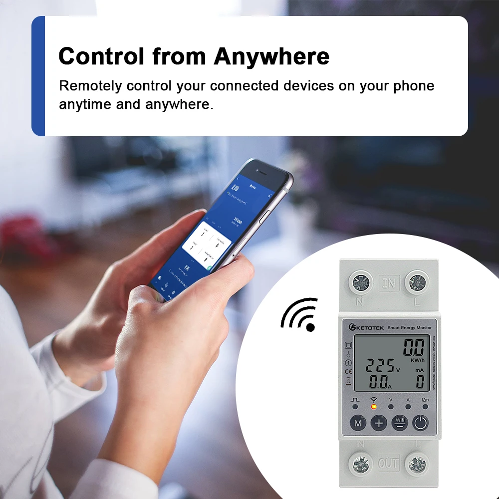 WIFI Din Rail Smart Energy Power Meter KWH AC Single Phase 63A 220V Voltmeter Ammeter Wattmeter Remote Switch Control Monitor